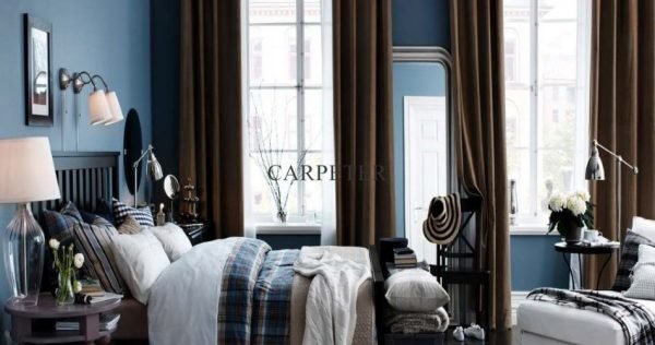 Brown Colored Curtains With Blue Wall