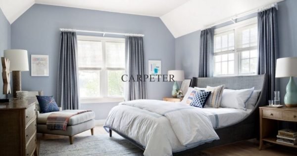 Grey Colored Curtains With Blue Walls