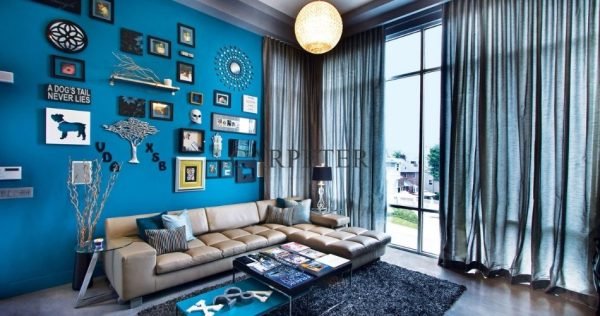 Cobalt Blue Wall With Grey Curtains