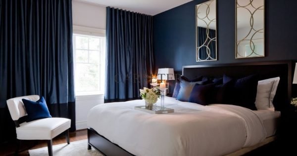 Navy Blue Color Wall With Grey Curtains